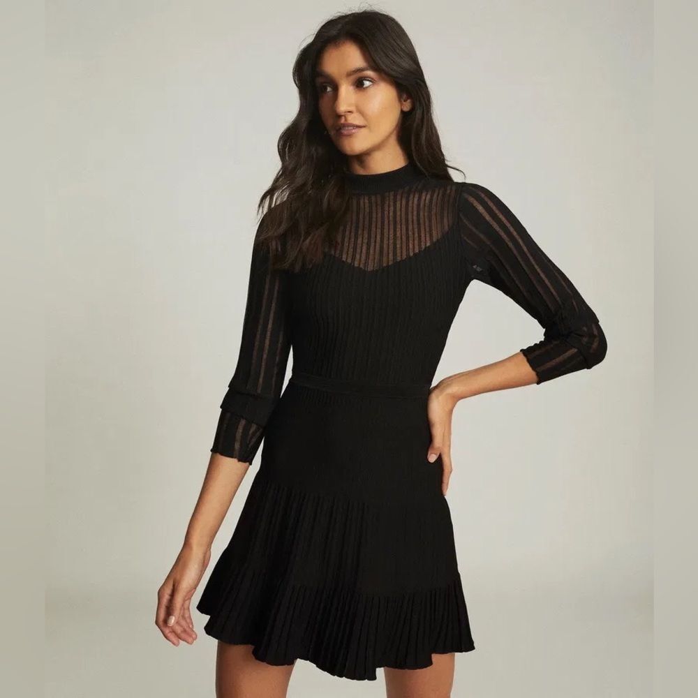 Reiss Clemmy Sheer Stripe Knitted Dress in Black Size Medium Fit and Flare NWT